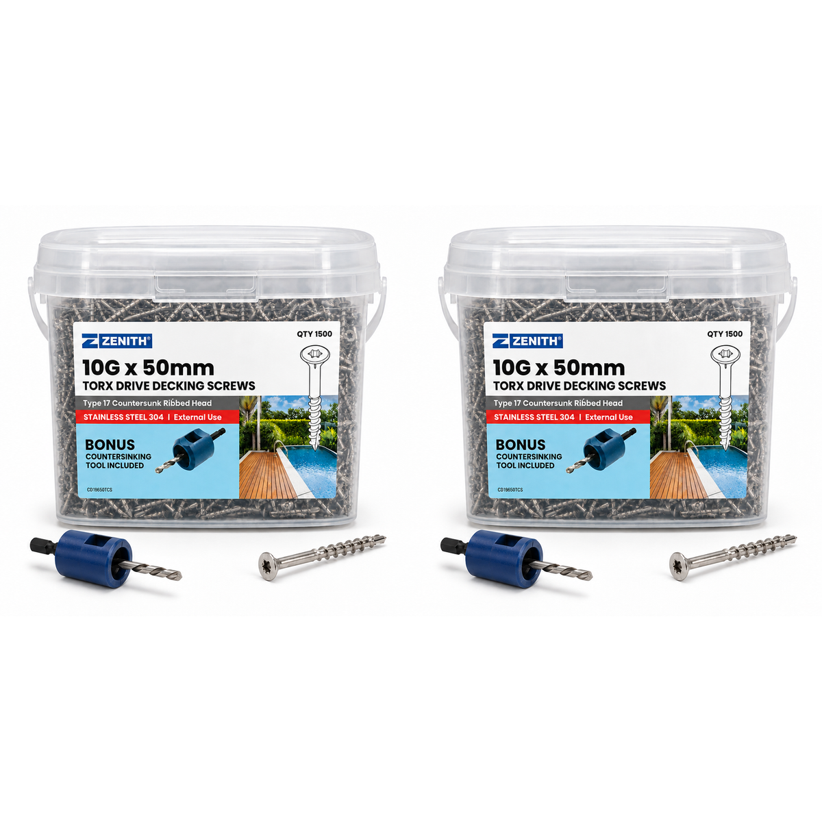Zenith 10G x 50mm Torx Drive 304 Stainless Steel Decking Screws – 1500 Pack with Countersinking Tool - South East Clearance Centre