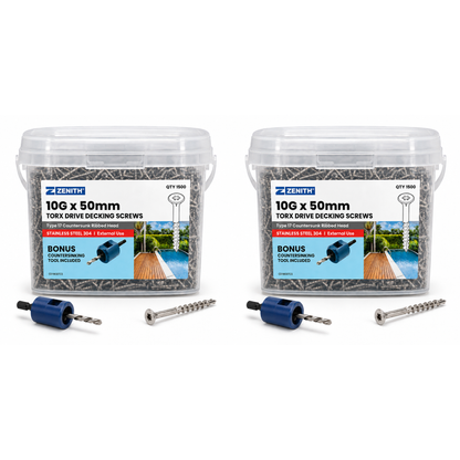 Zenith 10G x 50mm Torx Drive 304 Stainless Steel Decking Screws – 1500 Pack with Countersinking Tool - South East Clearance Centre