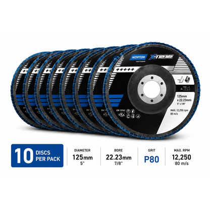 Norton X-Treme Flap Disc 125mm x 22.23mm P80 Grit - Pack of 10
