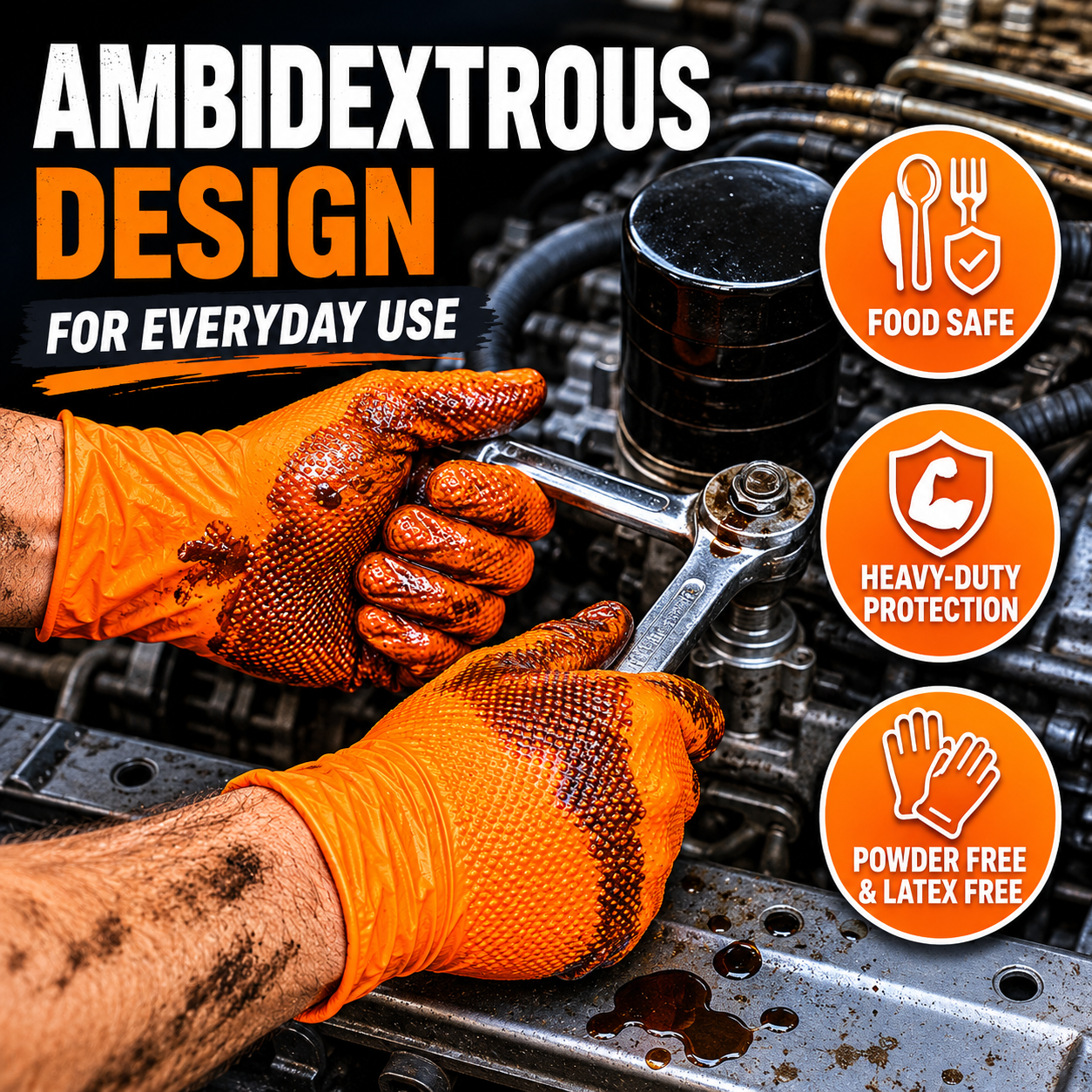 (CARTON OF 1000 GLOVES) - Shield Right XtraGuard Orange Diamond Grip Gloves – Ultra-Tough Heavy-Duty Nitrile Gloves