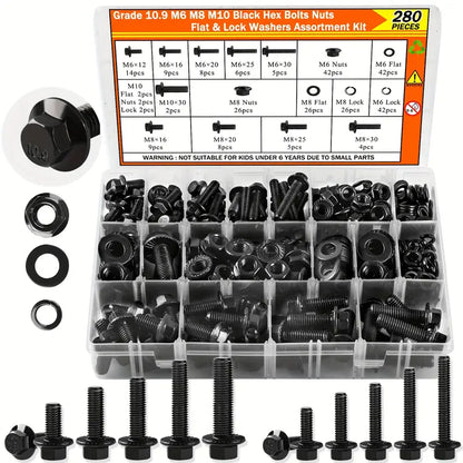 280-Piece Metric Flange Bolt Assortment Kit (M6 / M8 / M10 – 10.9 Grade Black)