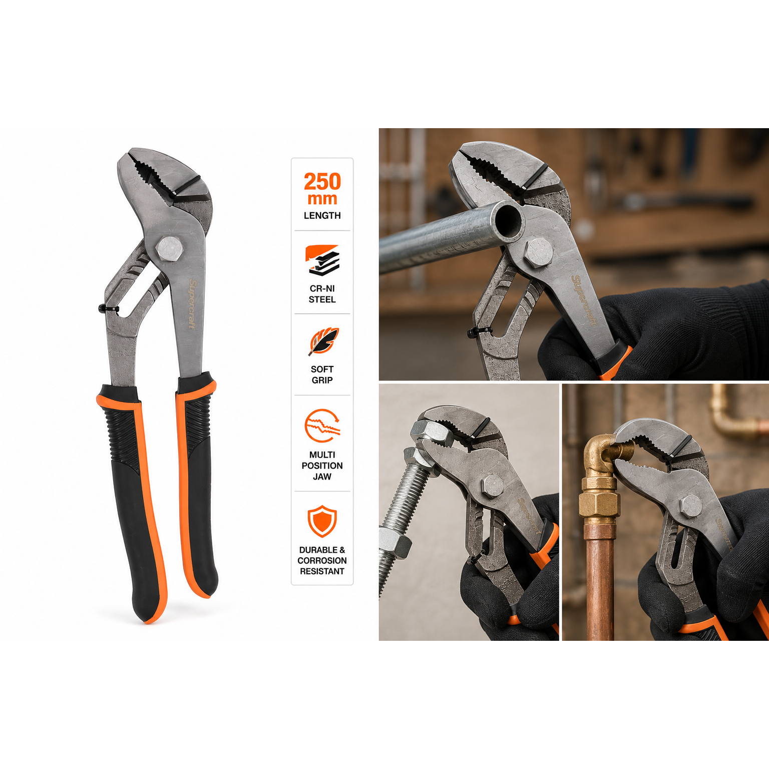 Supercraft Plier Multigrip 250mm - South East Clearance Centre