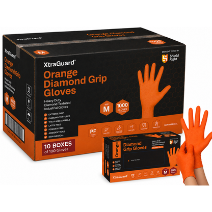 (CARTON OF 1000 GLOVES) - Shield Right XtraGuard Orange Diamond Grip Gloves – Ultra-Tough Heavy-Duty Nitrile Gloves