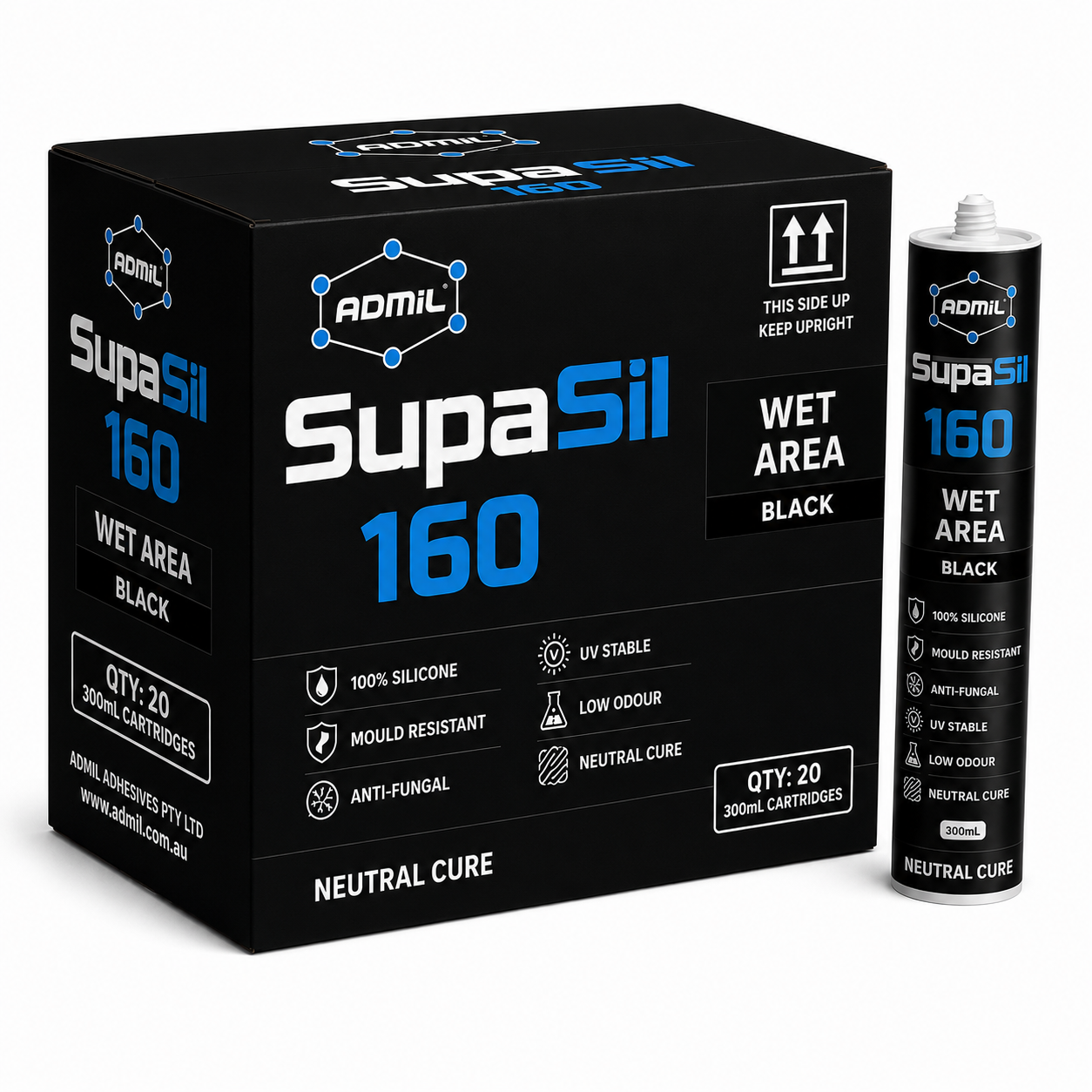 Admil SupaSil 160 Wet Area Silicone Sealant 300ml Neutral Cure – Box of 20 (Black)