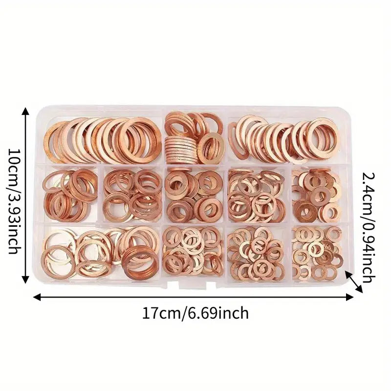 300-Piece Copper Washer Assortment Kit (M5–M20) – Flat Ring Seals for Automotive, Plumbing, and Industrial Applications - South East Clearance Centre