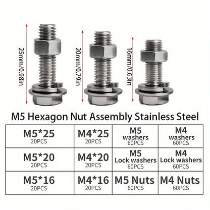 480 Piece Stainless Steel Fastener Kit, M4 & M5 Hex Head Screws, Bolts Assortment Kit - South East Clearance Centre