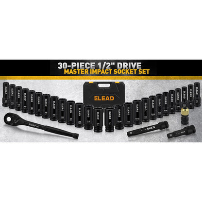 1/2" Drive Deep Impact Socket Set: 30-Piece Standard SAE (3/8 to 1 Inch) and Metric (10-24mm) Size, 3" and 5" Drive Extension Bar, Ratchet Handle, Bit Adapter, CR-V Steel for Auto Repair