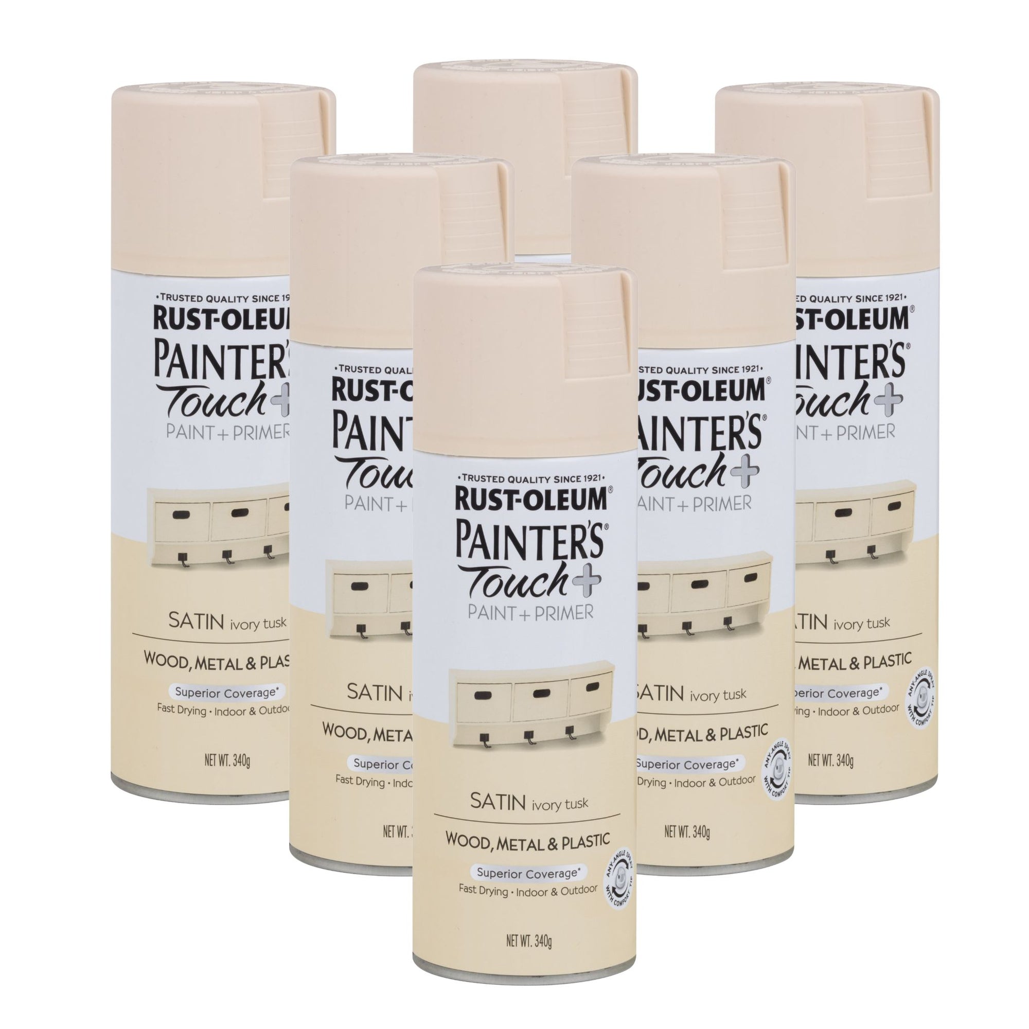 Rust-Oleum Painter's Touch Paint & Primer Spray Paint | Satin Ivory Tusk  (6 Cans) - South East Clearance Centre