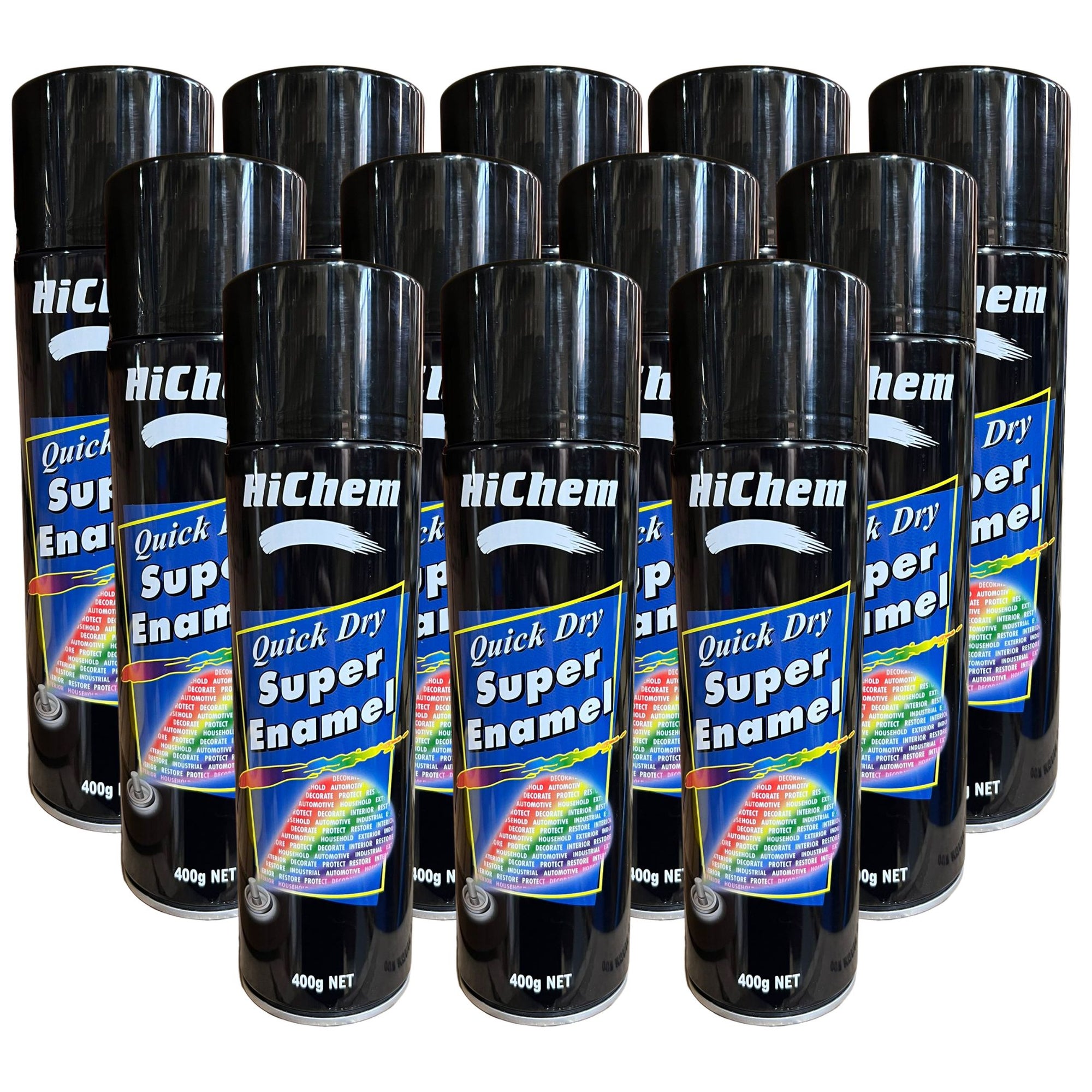 Hichem Quick Dry Super Enamel Spray Paint 12 Cans - Gloss Black - South East Clearance Centre