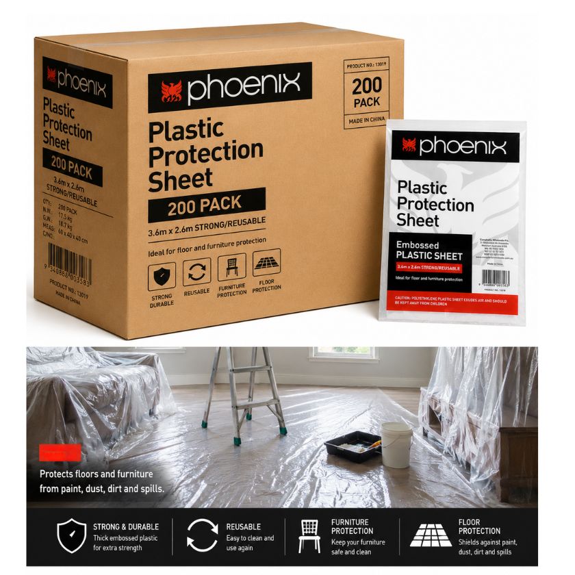 Phoenix Embossed Painting Plastic Protection Sheet 3.6m x 2.6m – 200 Pack Bulk Carton