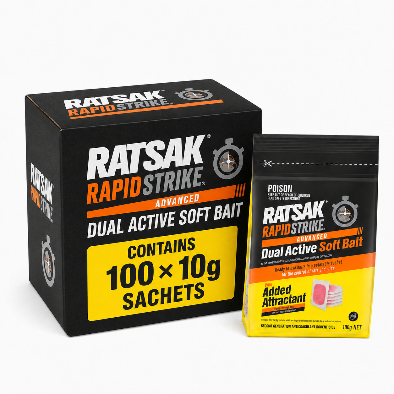 (Carton) RATSAK 100g Rapid Strike Dual Active Soft (Contains 100x 10g bait sachets)