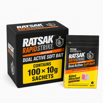 (Carton) RATSAK 100g Rapid Strike Dual Active Soft (Contains 100x 10g bait sachets)