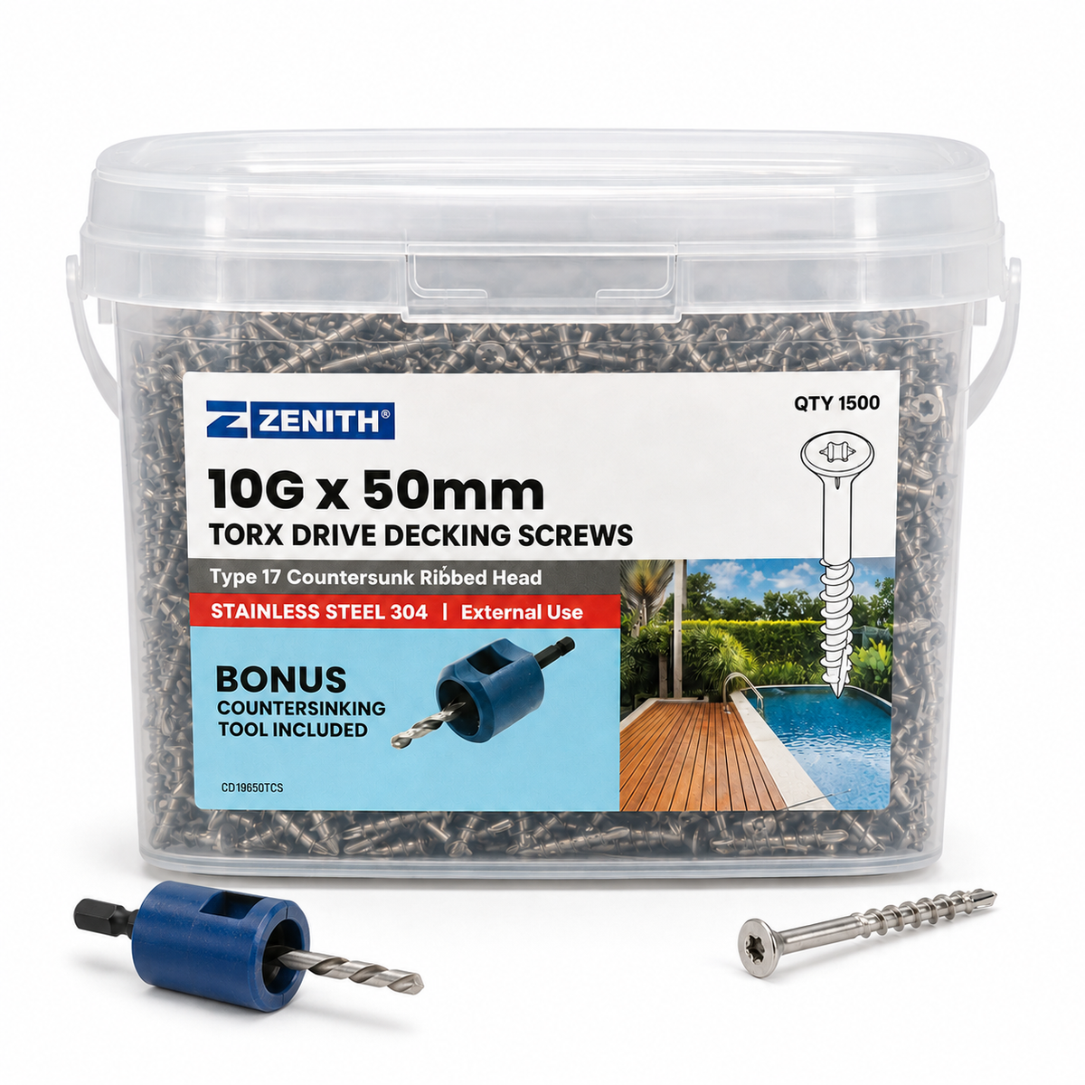Zenith 10G x 50mm Torx Drive 304 Stainless Steel Decking Screws – 1500 Pack with Countersinking Tool