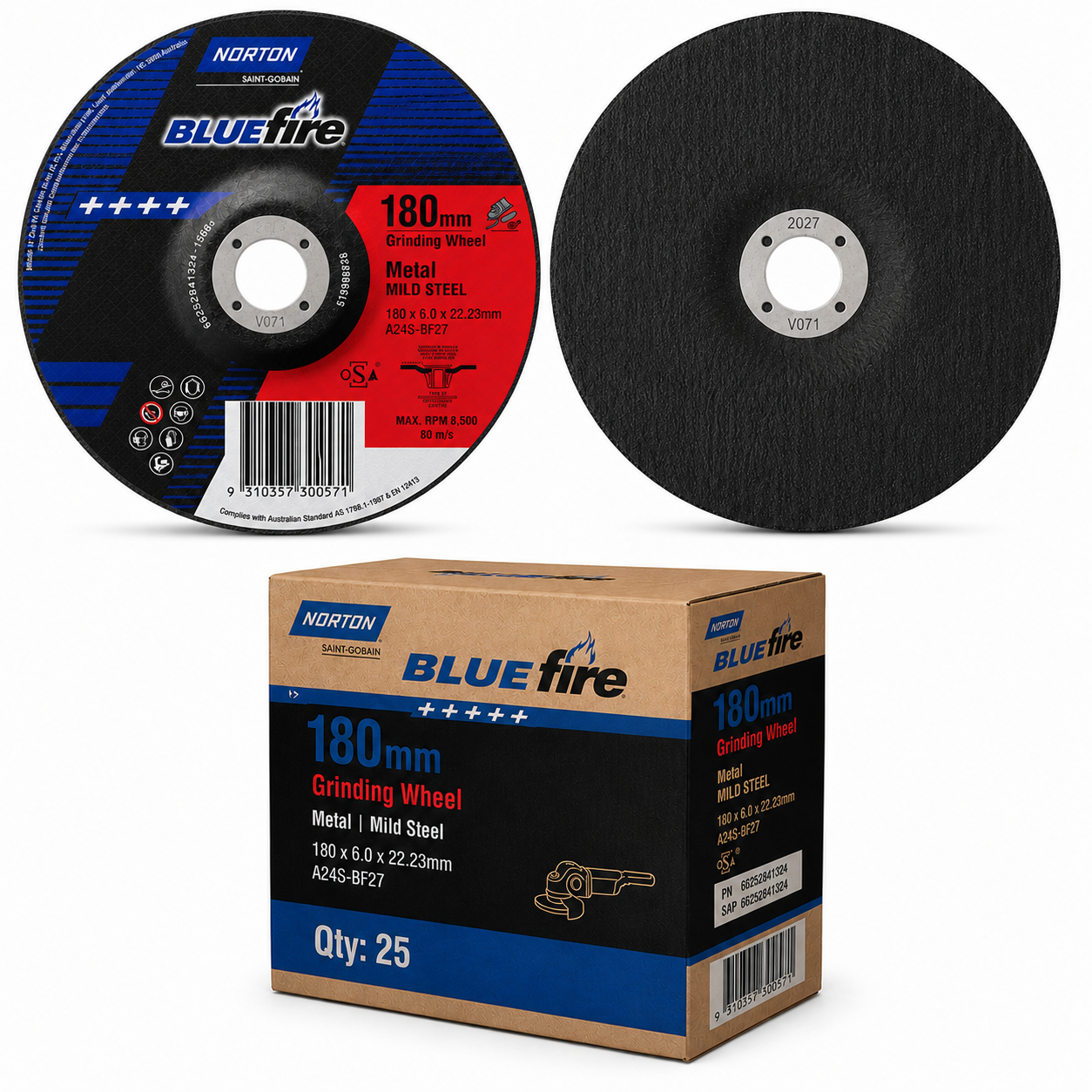 (25 Pack) Norton BLUEfire 180mm Metal Grinding Wheels – 180 x 6.0 x 22.23mm A24S BF27 for Mild Steel