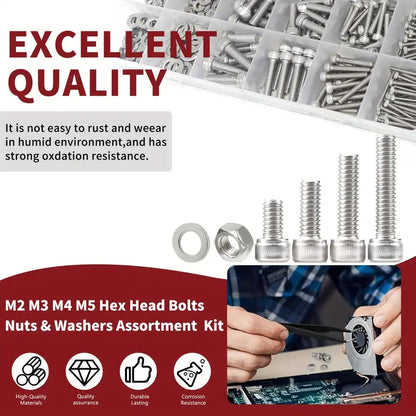 918-Piece Stainless Steel Nuts & Bolts Assortment Kit – M2, M3, M4, M5 Hex Head 304 Grade with Nuts & Washers - South East Clearance Centre