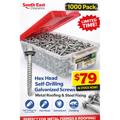 1000 Pack 14-10 x 50mm Hex Head Self Drilling Screws Class 4 Galvanised – Metal Roofing & Steel Fixing - South East Clearance Centre