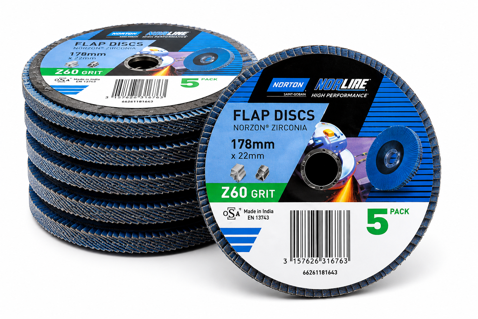 Norton Norline Zirconia Flap Disc 178mm x 22mm Z60 Grit - (5 Pack)