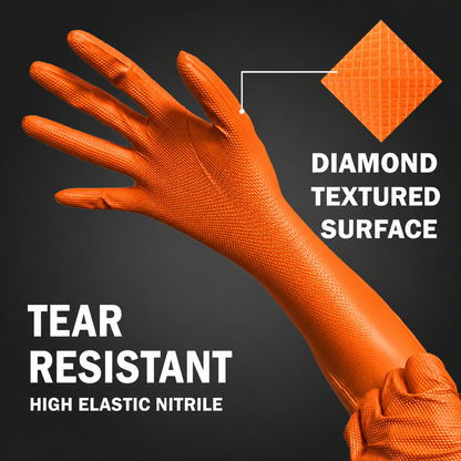 (CARTON OF 1000 GLOVES) - Shield Right XtraGuard Orange Diamond Grip Gloves – Ultra-Tough Heavy-Duty Nitrile Gloves