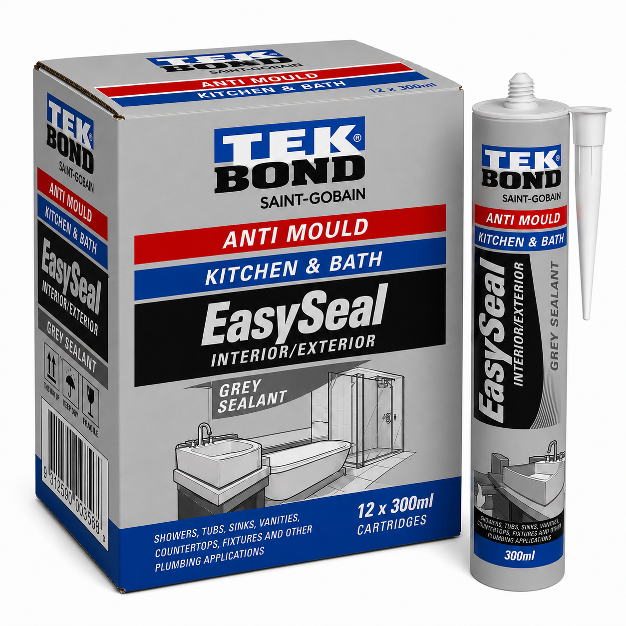 (12 PACK)  - TEKBOND EasySeal Kitchen & Bath Anti Mould Silicone Sealant 300ml – Acetic Cure (Past Date)