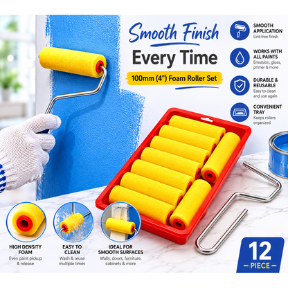100mm (4") Painters Painting Foam Roller Set with Tray – 12 Piece