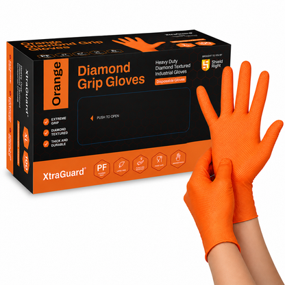 Shield Right XtraGuard Orange Diamond Grip Gloves – Ultra-Tough Heavy-Duty Nitrile Gloves (Box of 100)