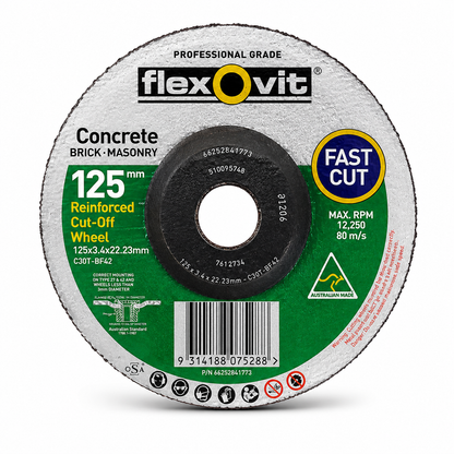 Flexovit 125mm Reinforced Masonry Cut-Off Wheel 125 x 3.4 x 22.23mm – Box of 100