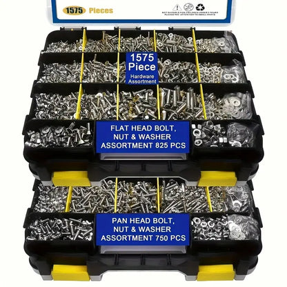 1575pc Stainless Steel Cross Flat Head Screw & Nut Assortment Set with Double-Sided Storage Box