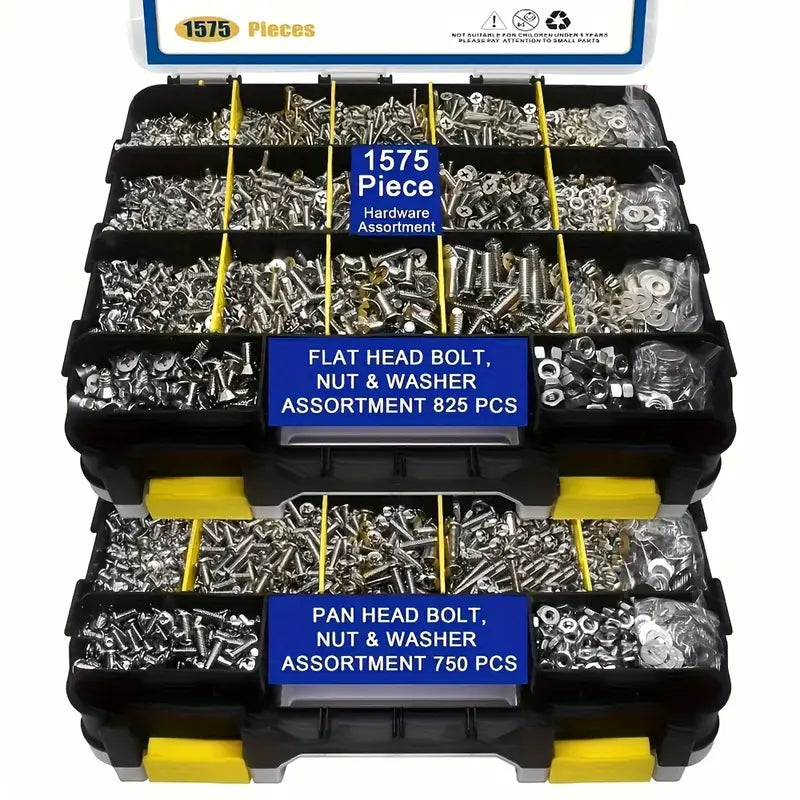 1575pc Stainless Steel Cross Flat Head Screw & Nut Assortment Set with Double-Sided Storage Box
