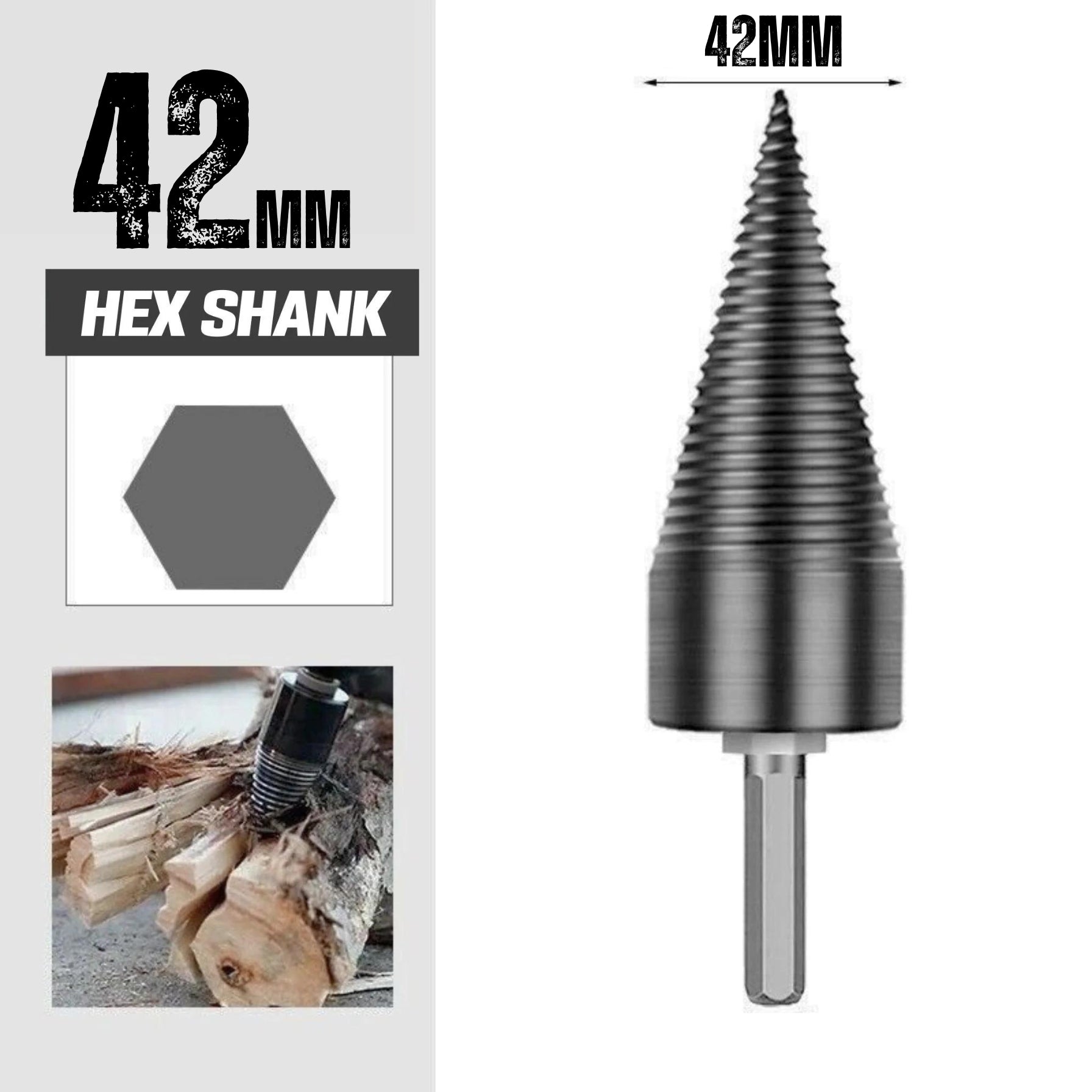 42MM Firewood Drill Bit | Wood Log Splitting Cone | Hex Shank - South East Clearance Centre