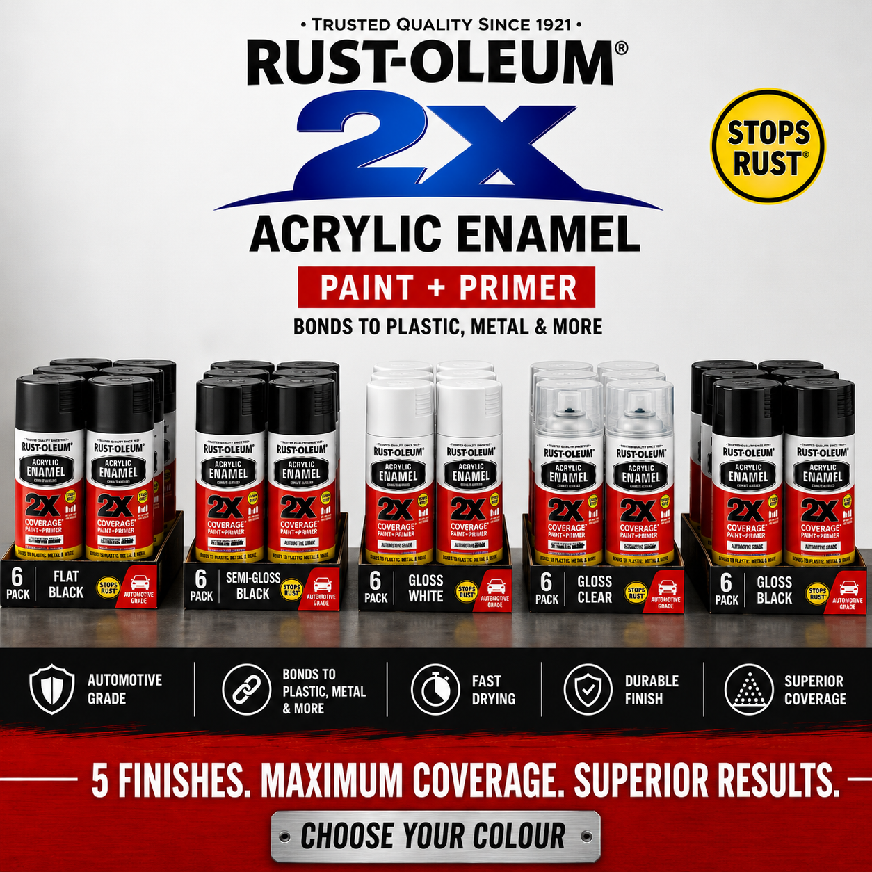 Rust-Oleum 2X Automotive Acrylic Enamel Paint + Primer – 340g (6 Pack)