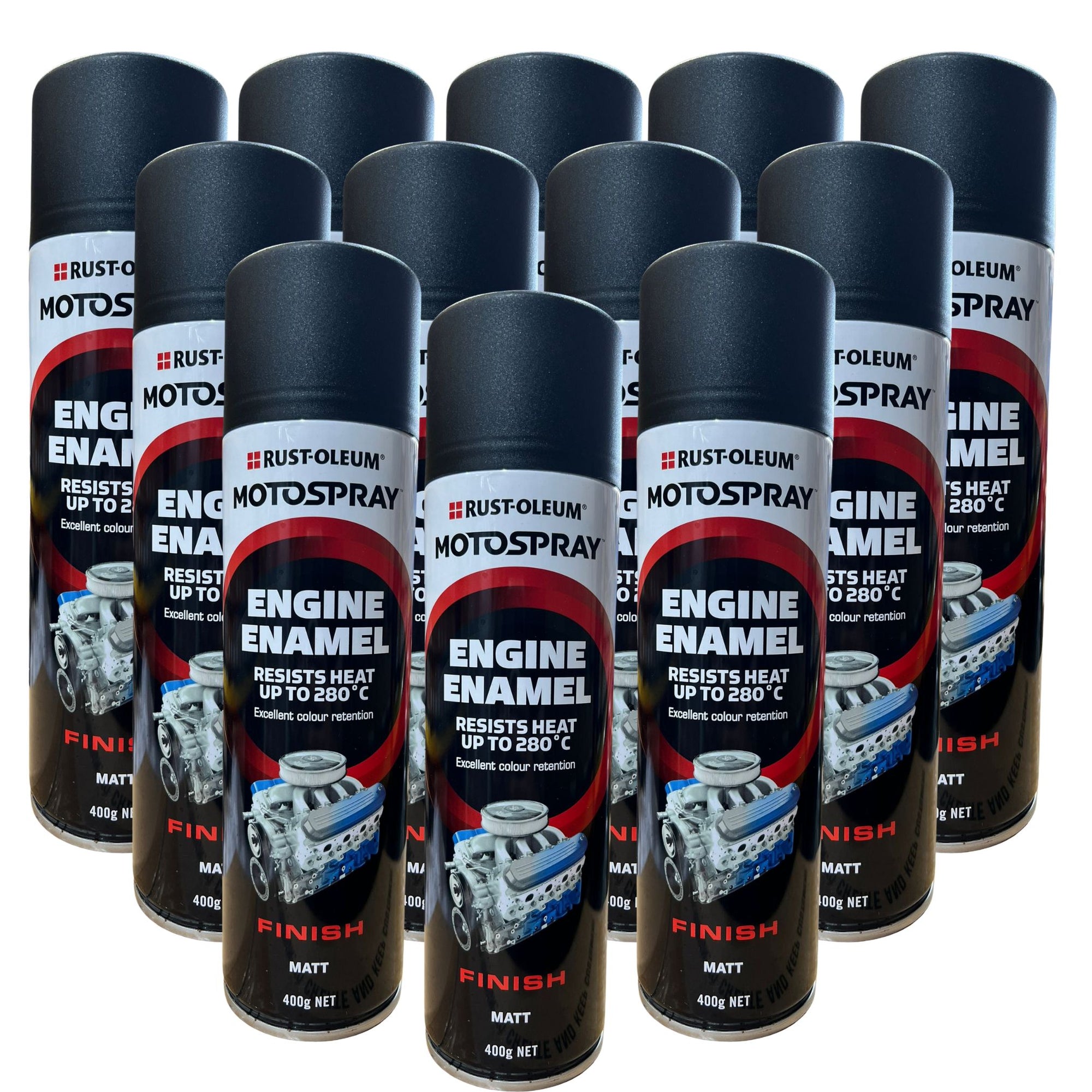 Rust-Oleum Motospray Engine Enamel heat resistant Spray Paint - 12 Cans - Matt Black - South East Clearance Centre