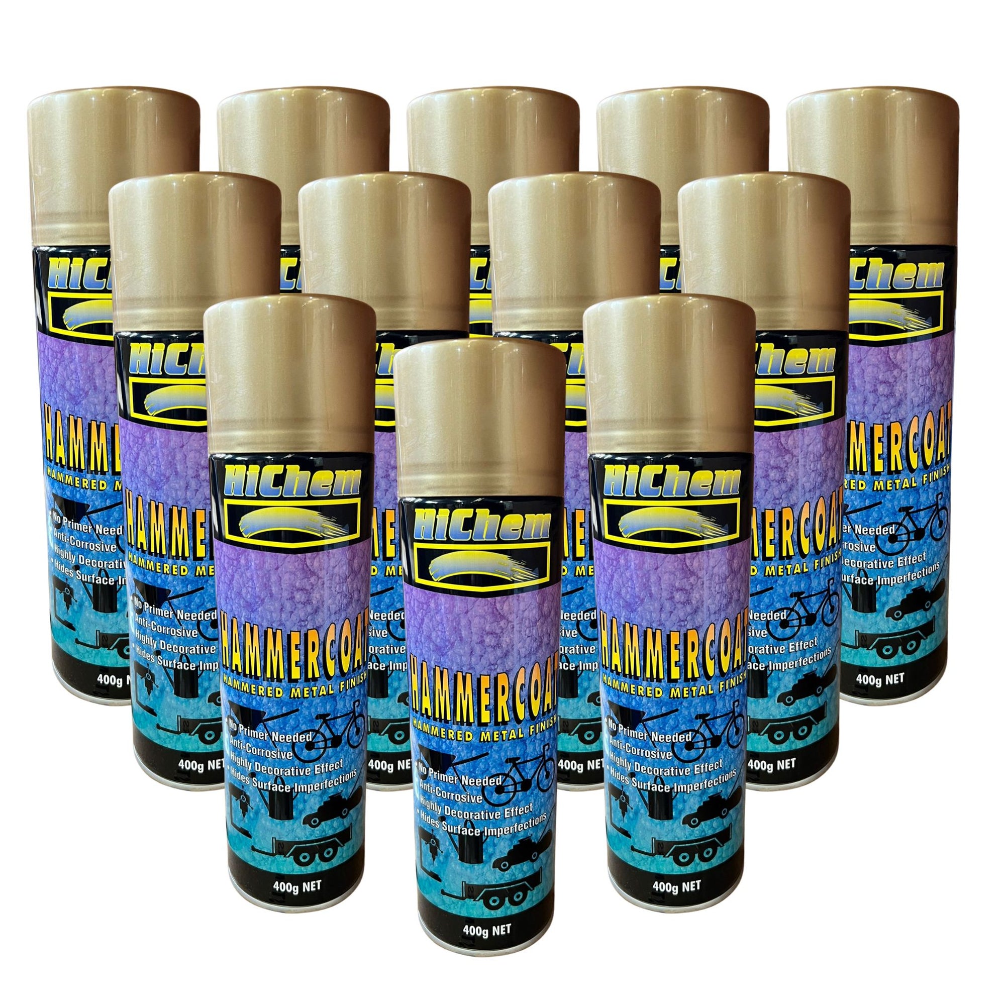 Hammercoat Hammered Gold Spray Paint400g HiChem Decorative Effect Tough 12 Pack - South East Clearance Centre
