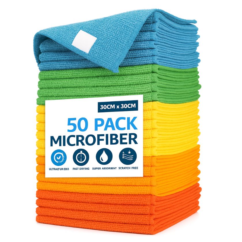 50 Pack Microfiber Cleaning Cloths – 30cm x 30cm – Multi-Colour - South East Clearance Centre