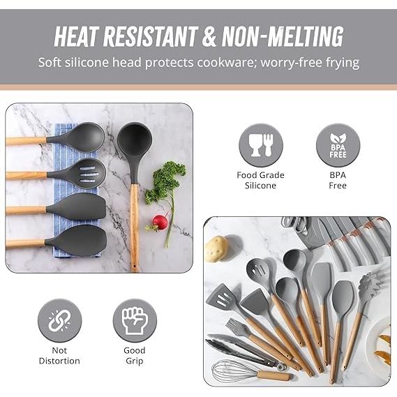 12-Piece Silicone Kitchen Utensil Set – Non-Stick Cooking Tools with Wooden Handles & Heat Resistance (colour may vary) - South East Clearance Centre
