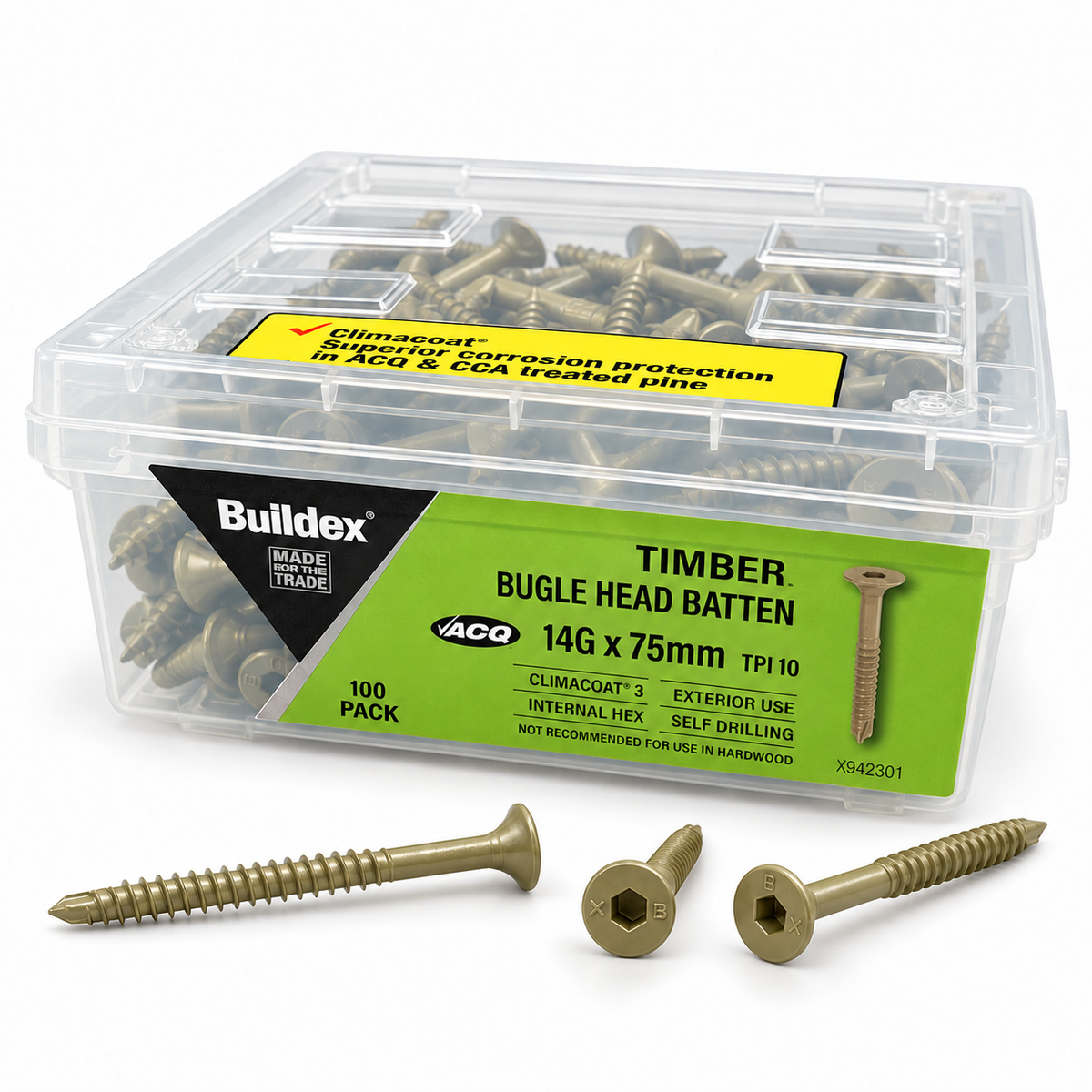 Buildex Timber Bugle Head Batten Screws 14G x 75mm – 100 Pack