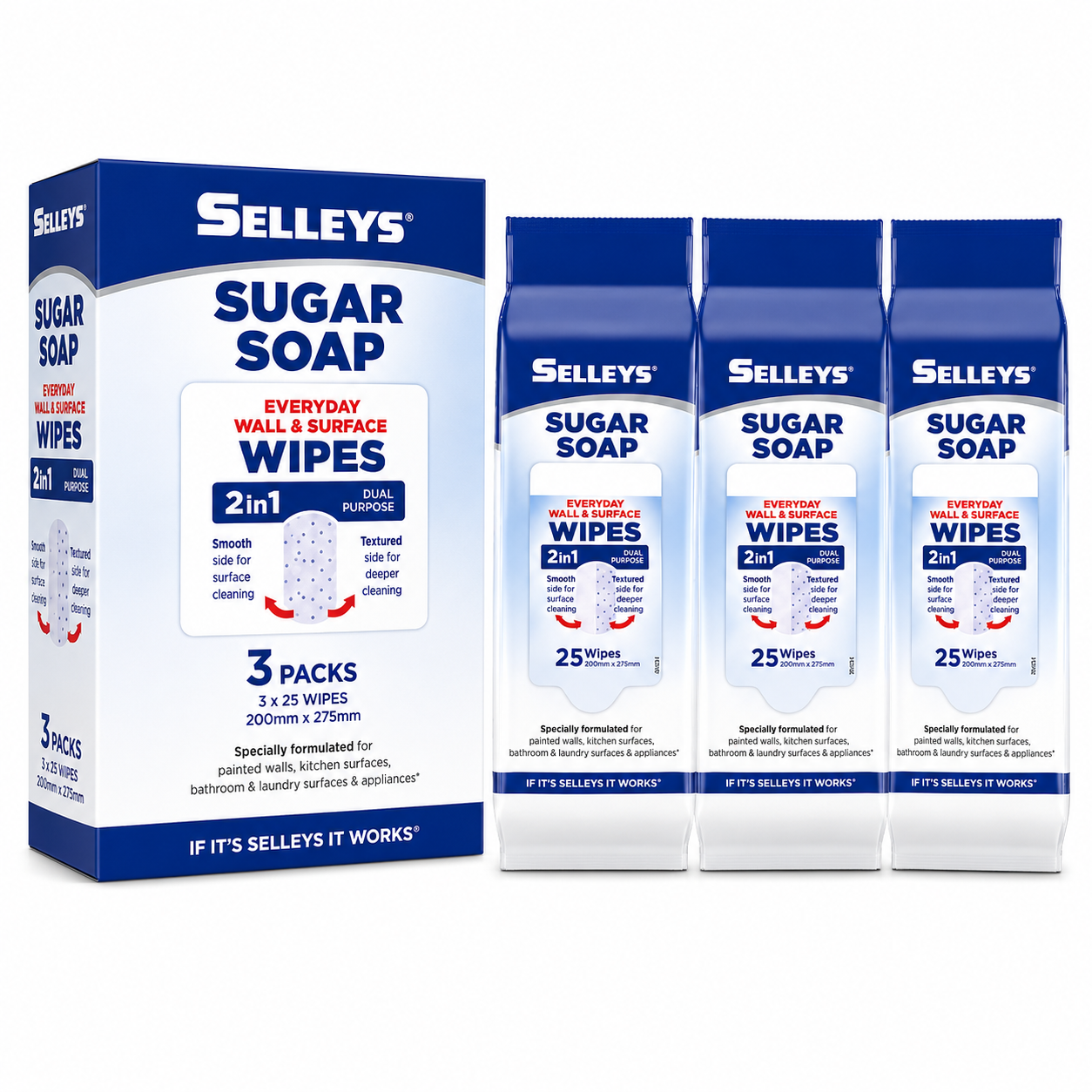Selleys Sugar Soap Everyday Wall & Surface Wipes 2-in-1 Dual Purpose (25 Wipes – 3 Pack)