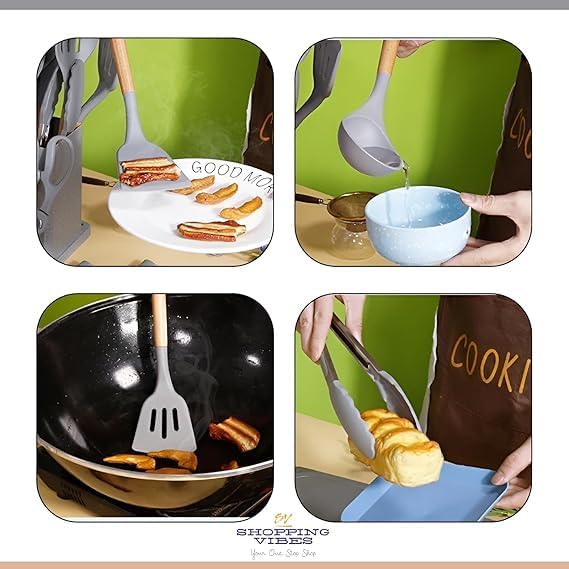 12-Piece Silicone Kitchen Utensil Set – Non-Stick Cooking Tools with Wooden Handles & Heat Resistance (colour may vary) - South East Clearance Centre