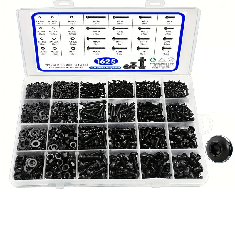 1625 Piece 10.9 Grade Alloy Steel Hex Button Head Socket Cap Screws Nut Washer Assortment Kit - South East Clearance Centre