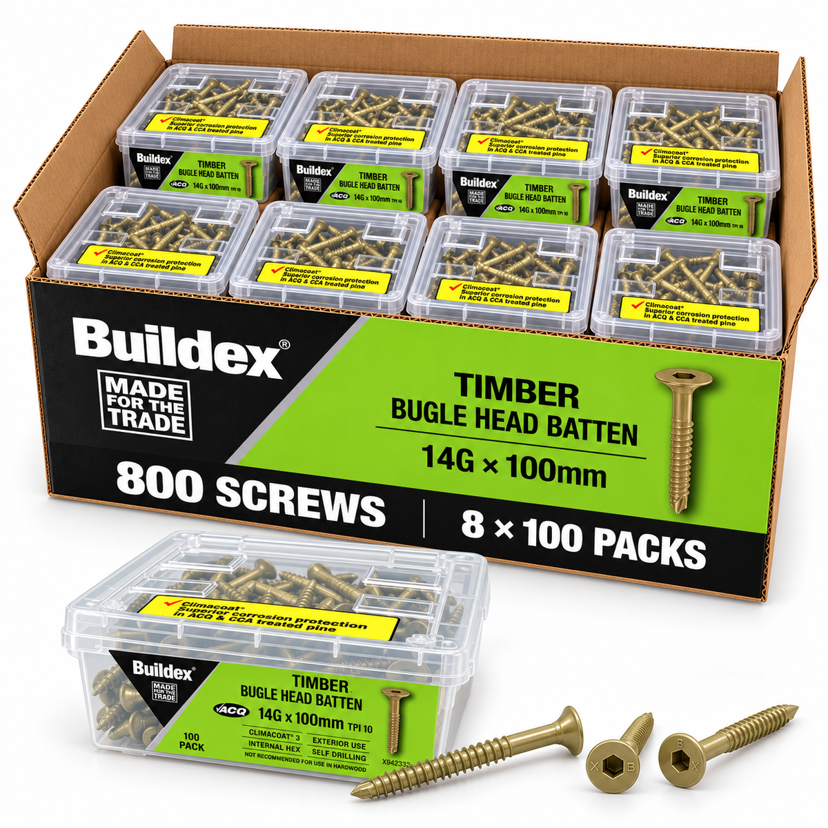 Buildex Timber Bugle Head Batten Screws 14G x 100mm – 800 Pack - South East Clearance Centre