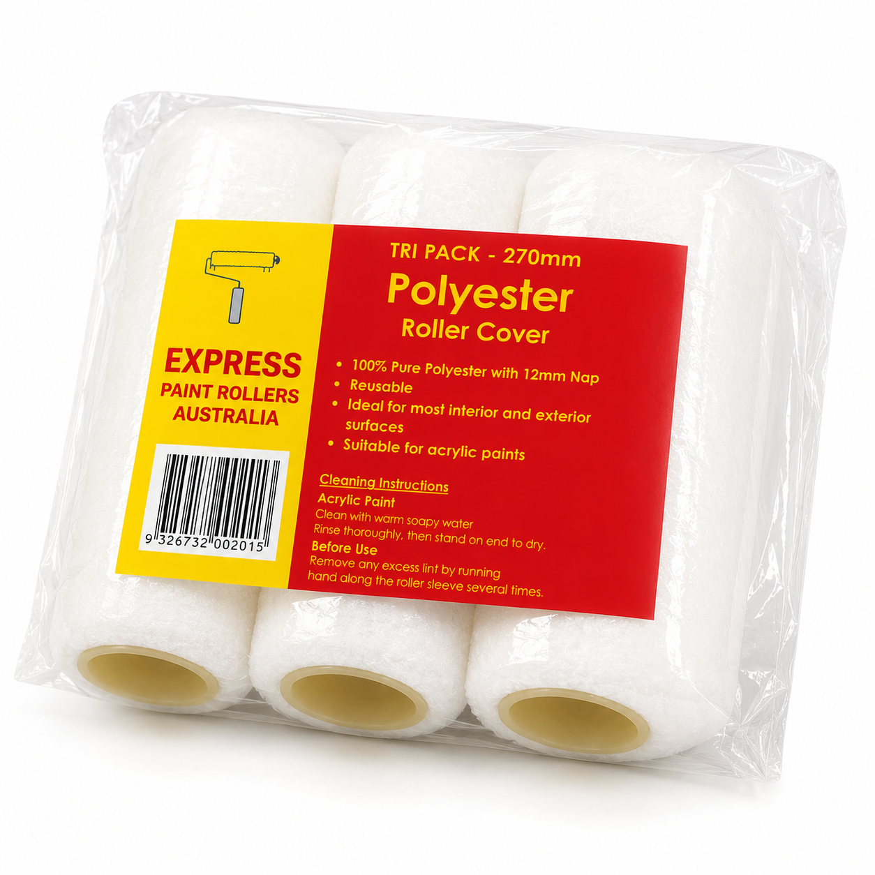 Express 270mm Polyester Paint Roller Covers 3 Pack | 12mm Nap | Reusable Roller Sleeves for Acrylic Paint