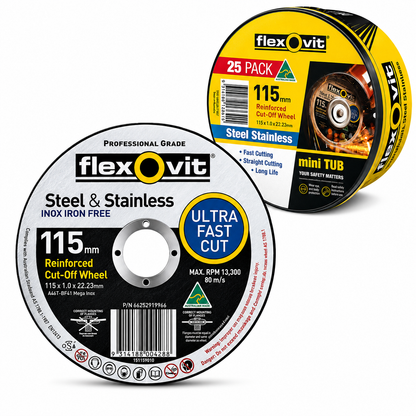 Flexovit MEGA INOX Ultra Thin Cut Off Disc 115 x 1.0 x 22.2mm – (Pack of 25)