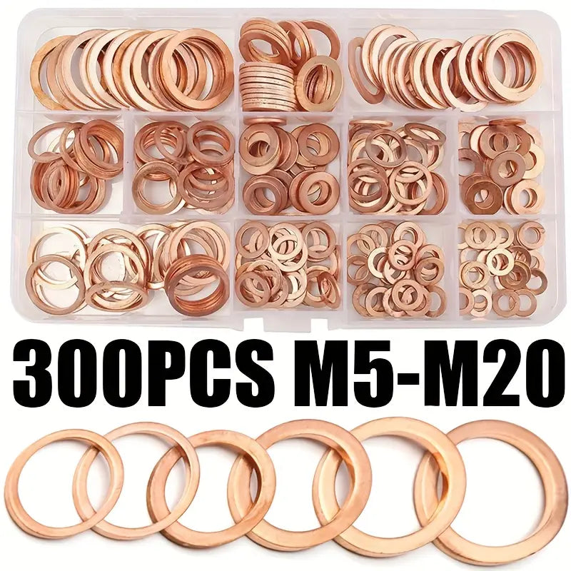 300-Piece Copper Washer Assortment Kit (M5–M20) – Flat Ring Seals for Automotive, Plumbing, and Industrial Applications - South East Clearance Centre