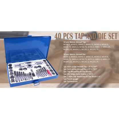 40 Piece Metric & NPT Tap and Die Set – Carbon Steel Thread Cutting Kit with Metal Carry Case