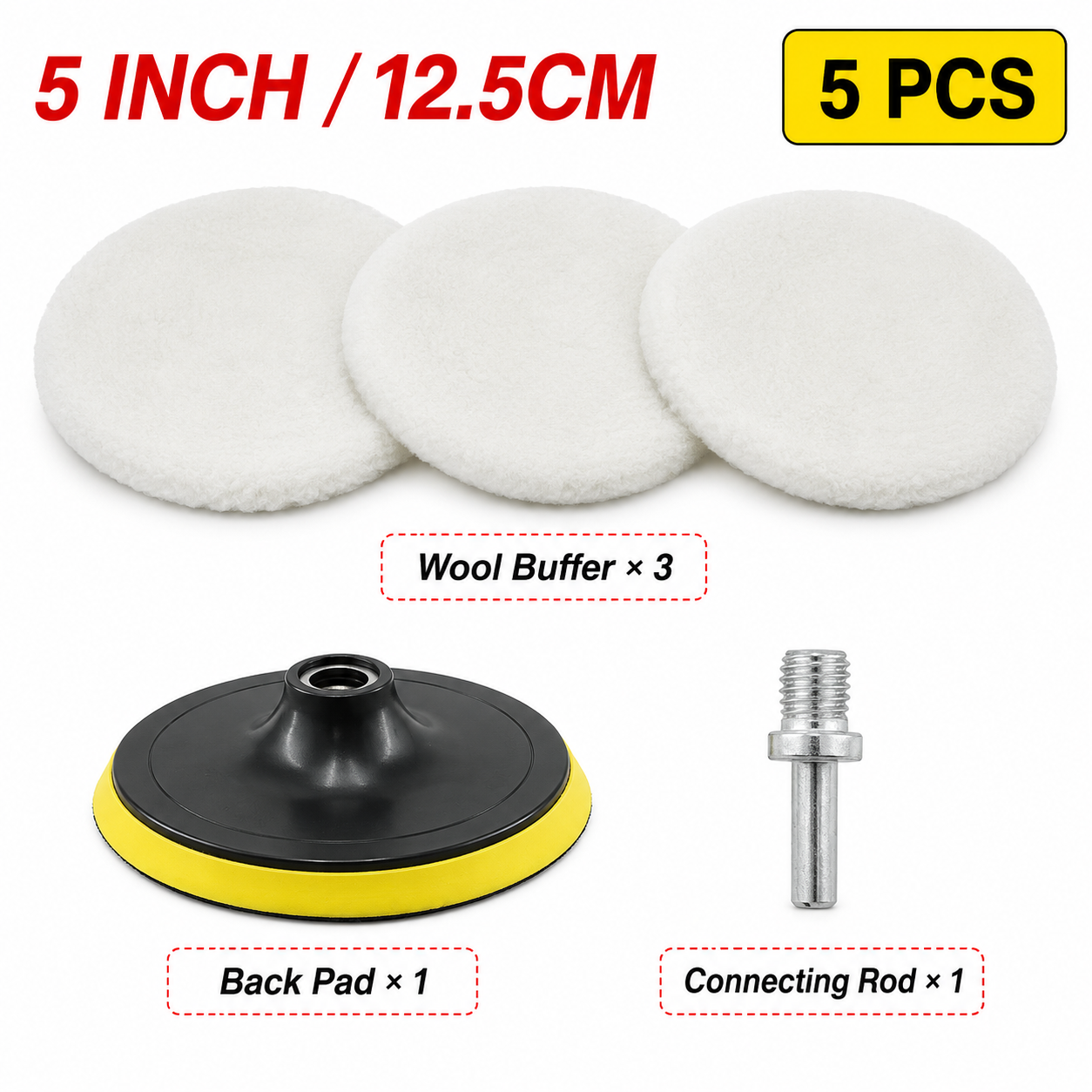 5 Piece - 5" Wool Polishing & Buffing Pad Kit | Hook & Loop Backing Pad with M14 to 6mm Drill Adapter