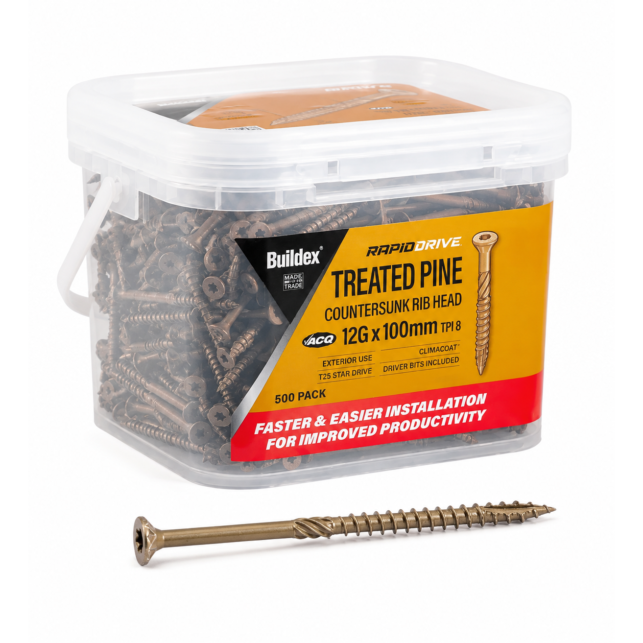 Buildex RapidDrive Treated Pine Screw Climacoat 12g x 100mm 500pk