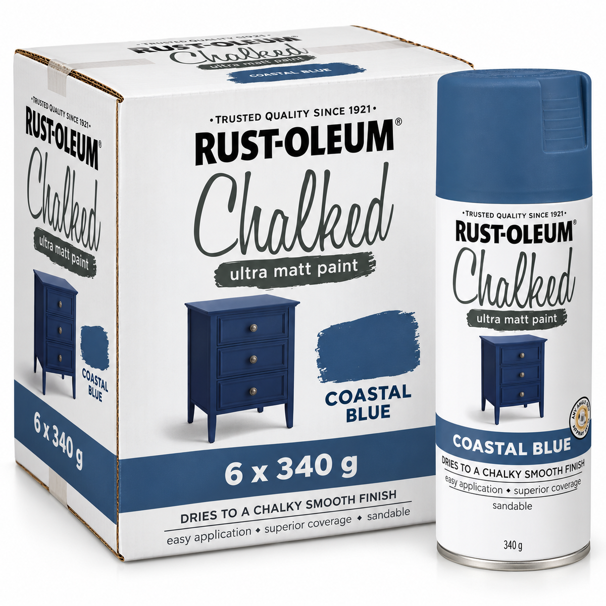 Rust-Oleum Chalked Ultra Matt Spray Paint Coastal Blue 340g – Carton of 6