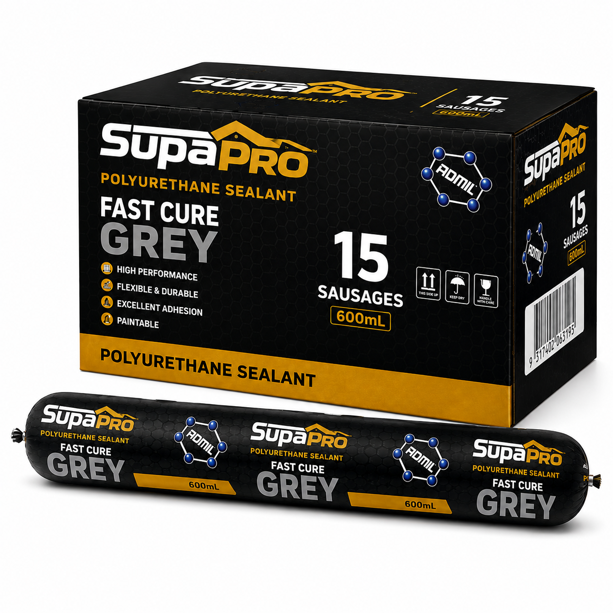 Admil SupaPRO Fast Cure Polyurethane Sealant & Adhesive 600mL Sausages – Box of 15 (GREY) EXP JULY 2026