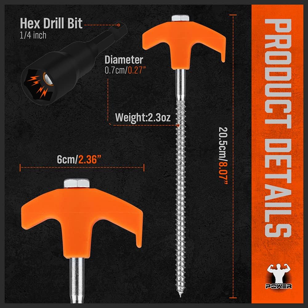 18-Pack Tent Stake Set, Heavy Duty Screw in Tent Pegs, Tent Stakes with 4X 13ft Rope & 1x Stopper T Pull Hook and Nut Driver