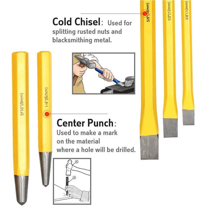 12-Piece Chisel & Punch Set with Carrying Tray | Pin punch | Taper punch | Cold Chisel | Center Chisel - South East Clearance Centre