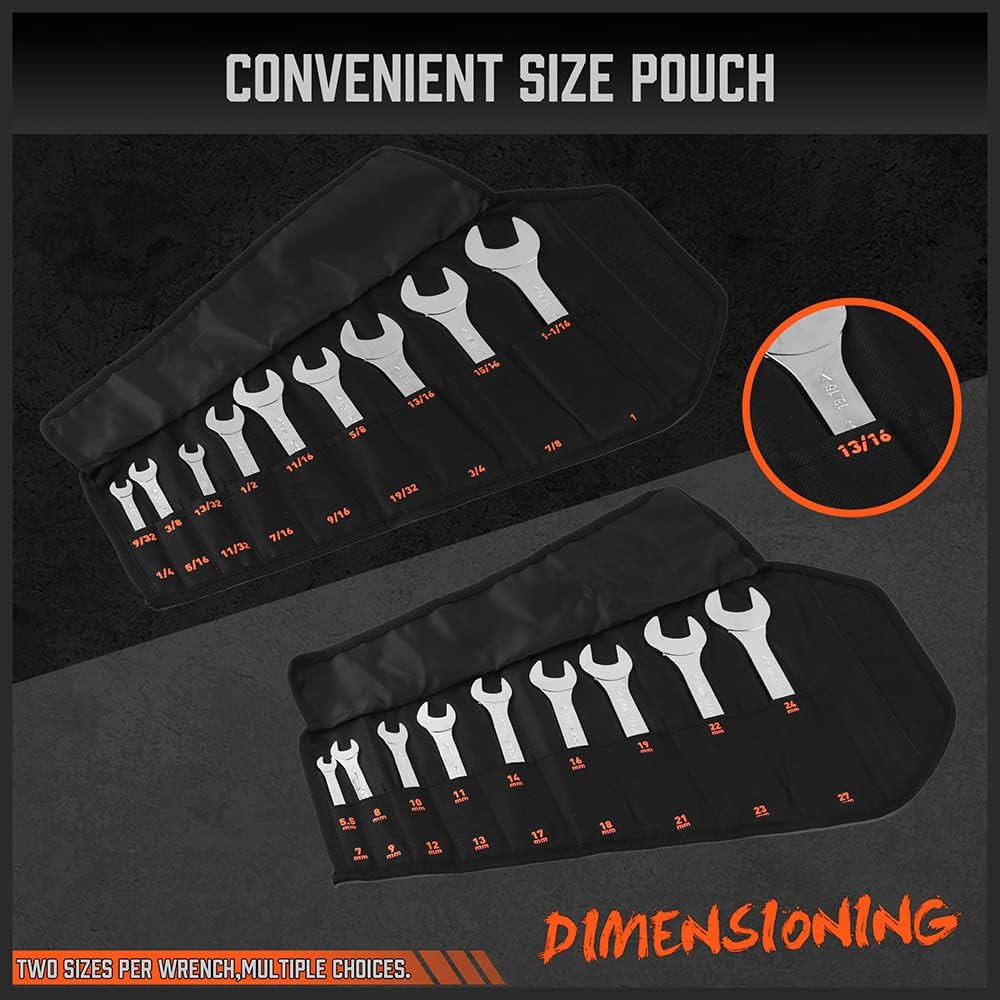18-Piece Super-Thin Open End Wrench Set with Rolling Pouch, CR-V Steel SAE & Metric, 1/4" to 1-1/16" and 5.5mm to 27mm Slim Spanner Wrench Set - South East Clearance Centre